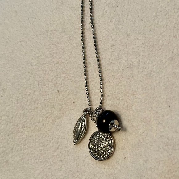 LOFT Silver Tone Charm Necklace w/Black Bead, Rhinestone Disk - 16 -18 inc… - Picture 1 of 4